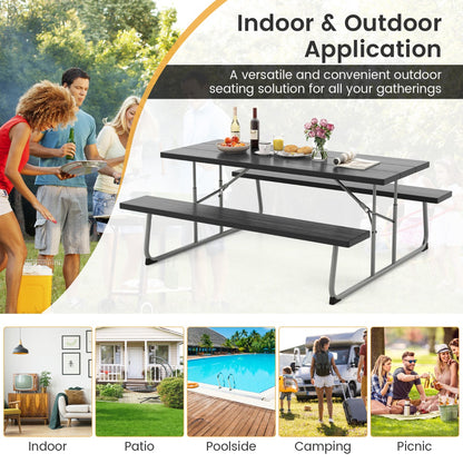 Costway Folding Picnic Table with 2 Benches with Metal Frame and All-Weather HDPE Tabletop-Black