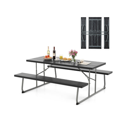 Costway Folding Picnic Table with 2 Benches with Metal Frame and All-Weather HDPE Tabletop-Black