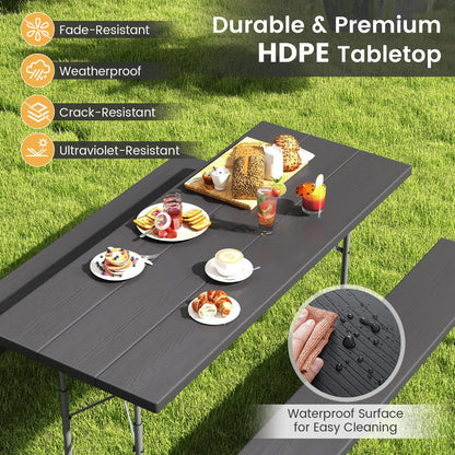 Costway Folding Picnic Table with 2 Benches with Metal Frame and All-Weather HDPE Tabletop-Black