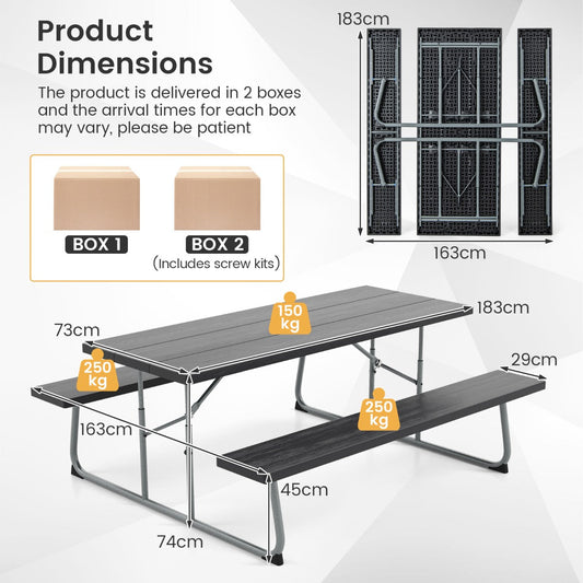 Folding picnic table set includes one spacious table and two benches for outdoor gatherings