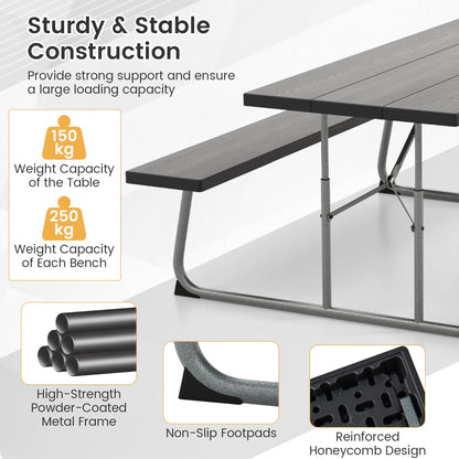Costway Folding Picnic Table with 2 Benches with Metal Frame and All-Weather HDPE Tabletop-Black