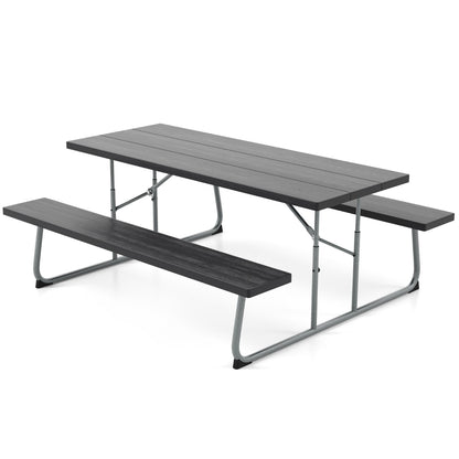 Costway Folding Picnic Table with 2 Benches with Metal Frame and All-Weather HDPE Tabletop-Black