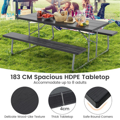 Costway Folding Picnic Table with 2 Benches with Metal Frame and All-Weather HDPE Tabletop-Black