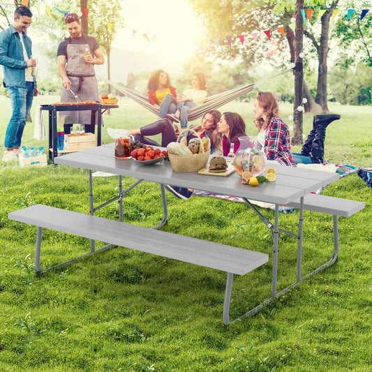Costway Folding Picnic Table with 2 Benches with Metal Frame and All-Weather HDPE Tabletop-Grey