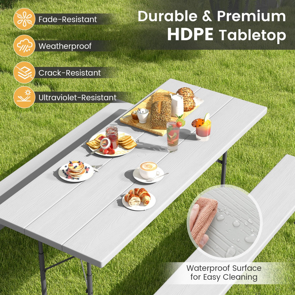 183cm folding camping table comfortably accommodates up to eight adults for meals and parties