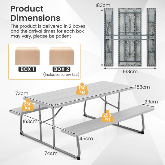 Folding picnic table set includes one spacious table and two benches for outdoor gatherings