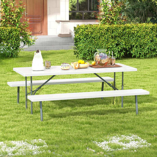 Costway Folding Picnic Table with 2 Benches with Metal Frame and All-Weather HDPE Tabletop-White