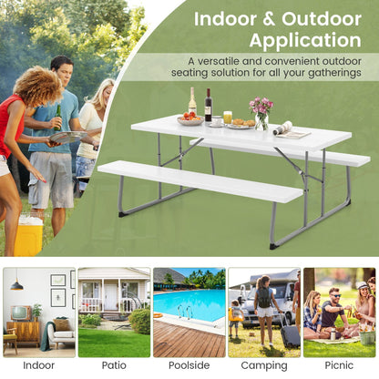 Costway Folding Picnic Table with 2 Benches with Metal Frame and All-Weather HDPE Tabletop-White