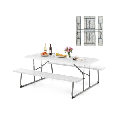 Costway Folding Picnic Table with 2 Benches with Metal Frame and All-Weather HDPE Tabletop-White