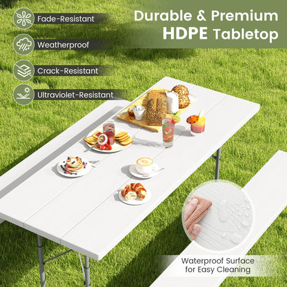 Costway Folding Picnic Table with 2 Benches with Metal Frame and All-Weather HDPE Tabletop-White