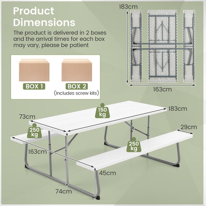 Costway Folding Picnic Table with 2 Benches with Metal Frame and All-Weather HDPE Tabletop-White