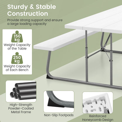 Costway Folding Picnic Table with 2 Benches with Metal Frame and All-Weather HDPE Tabletop-White