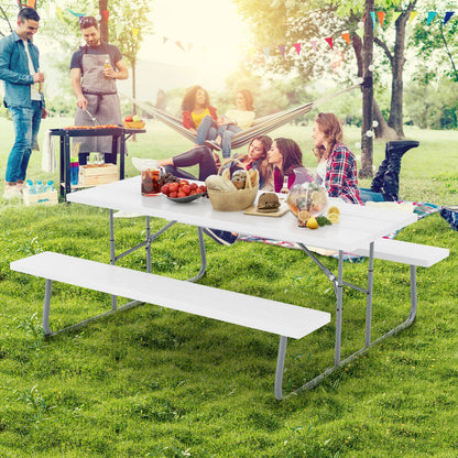 Costway Folding Picnic Table with 2 Benches with Metal Frame and All-Weather HDPE Tabletop-White