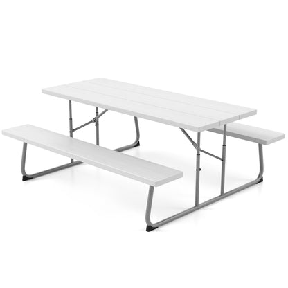 Costway Folding Picnic Table with 2 Benches with Metal Frame and All-Weather HDPE Tabletop-White