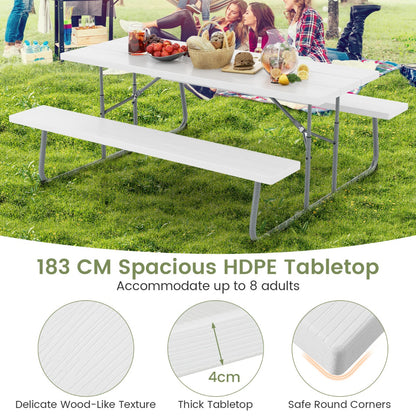 Costway Folding Picnic Table with 2 Benches with Metal Frame and All-Weather HDPE Tabletop-White
