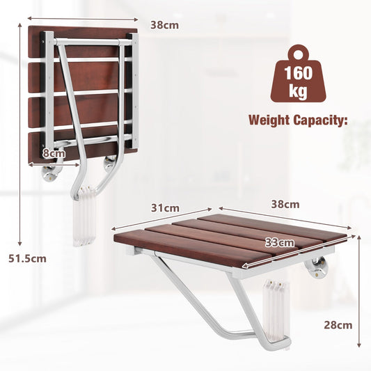 Folding shower seat with ironwood seat and stainless steel bracket for safe bathroom support