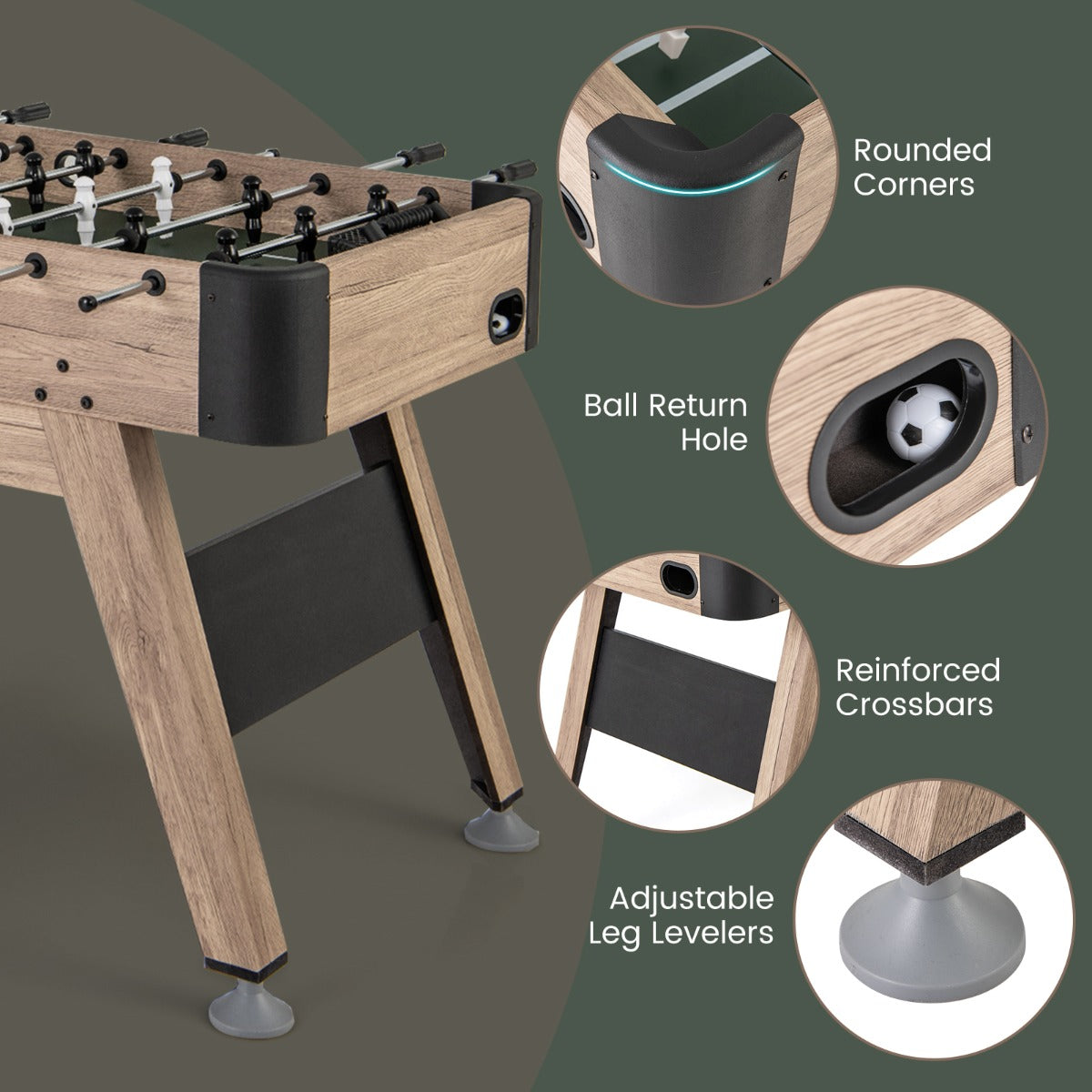 1.2m Natural Foosball Table with Adjustable Legs and Scorers for All Ages