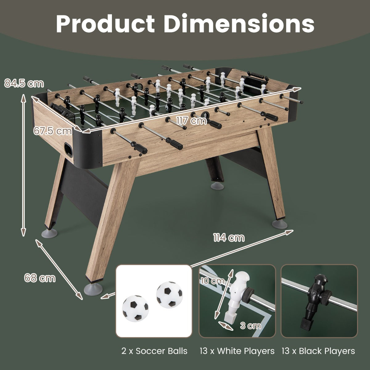 1.2m Natural Foosball Table with Adjustable Legs and Scorers for All Ages