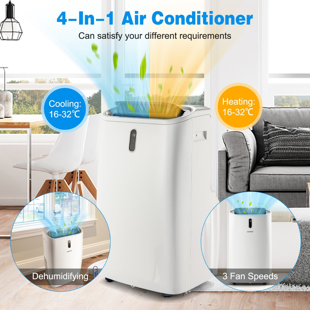 Portable air conditioner features three fan speeds and temperature adjustment from 16 to 32 degrees Celsius
