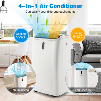 Portable air conditioner features three fan speeds and temperature adjustment from 16 to 32 degrees Celsius