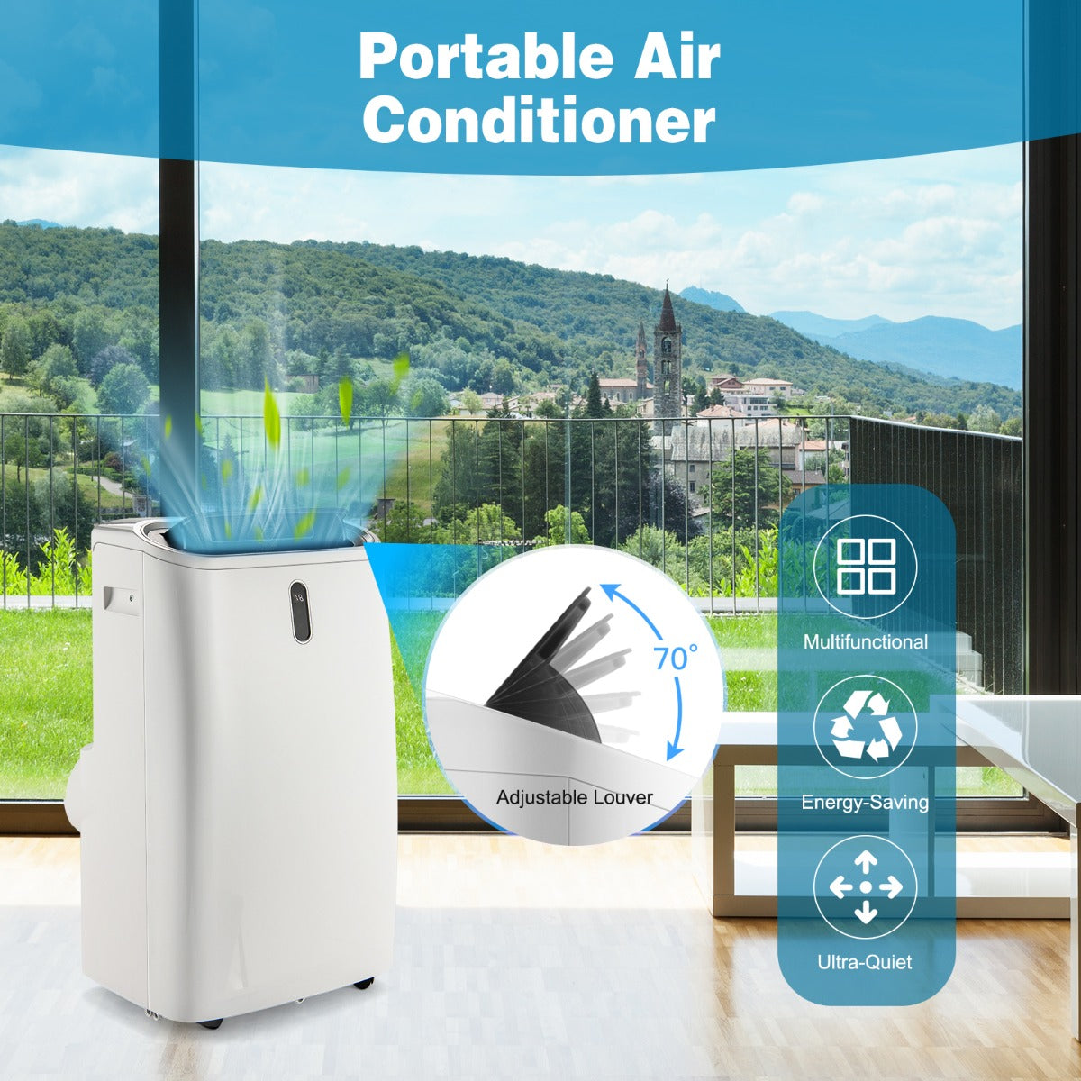 Rolling wheels and recessed handle make this compact portable air conditioner easy to move between rooms