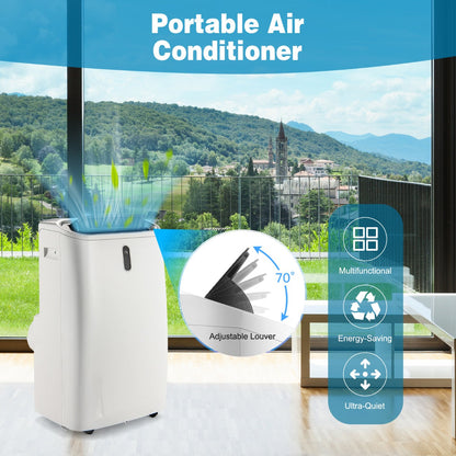 Rolling wheels and recessed handle make this compact portable air conditioner easy to move between rooms