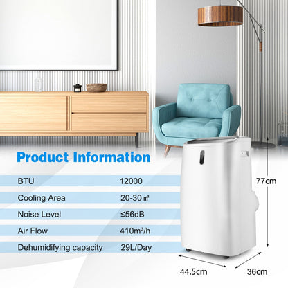 12000 BTU portable air conditioner cools rooms up to 30 square meters with adjustable temperature control