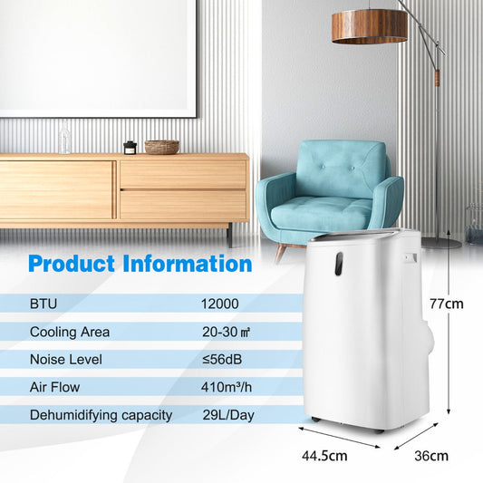 12000 BTU portable air conditioner cools rooms up to 30 square meters with adjustable temperature control