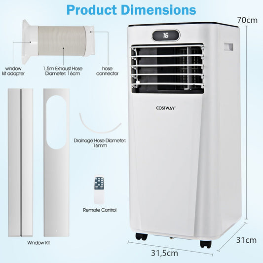 Portable 9000 BTU air conditioner cooling rooms up to 30 square meters with powerful 2600W performance
