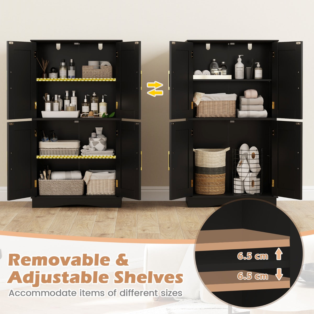 Freestanding Bathroom Floor Storage Cabinet Pantry Cabinet-Black