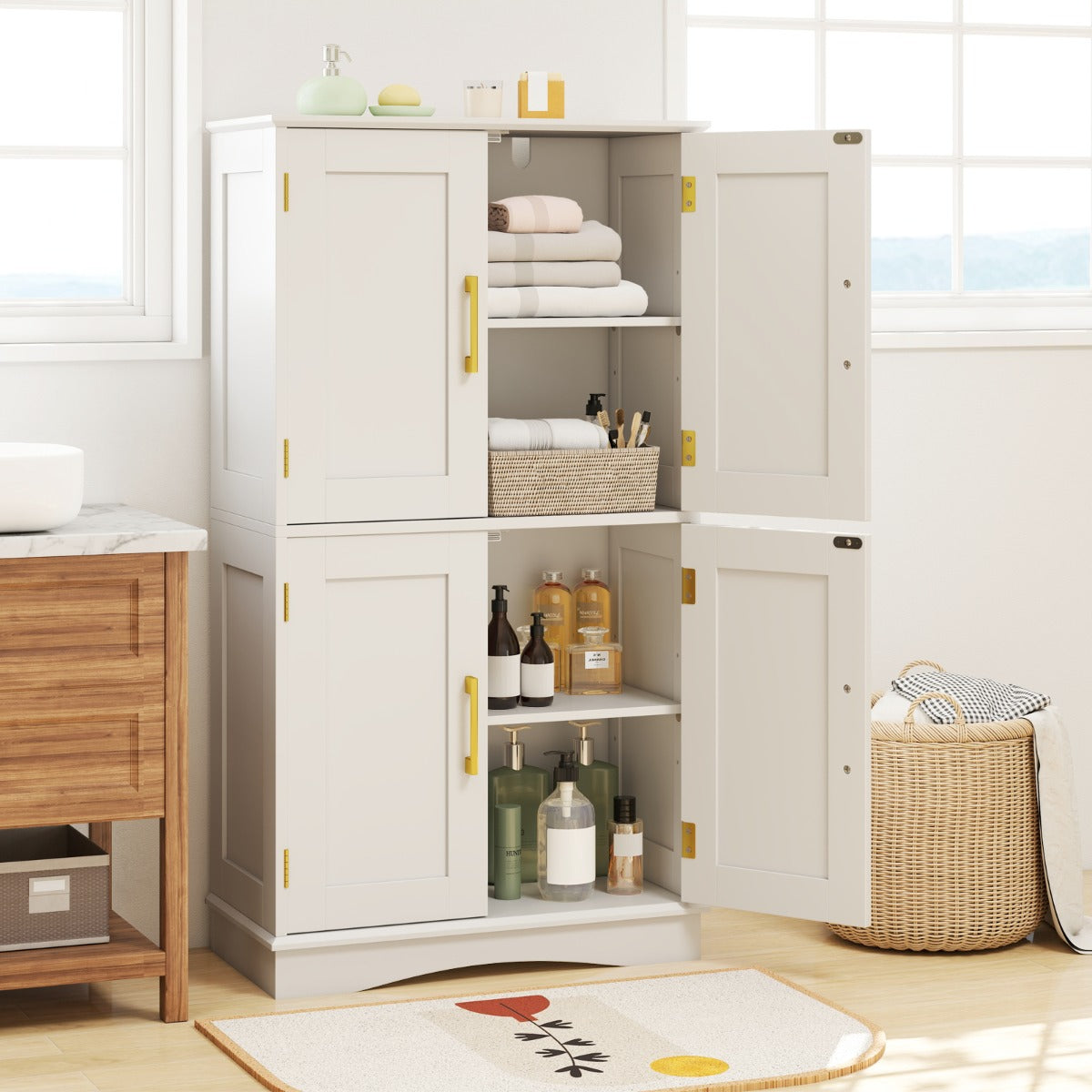 Freestanding Bathroom Floor Storage Cabinet Pantry Cabinet-White