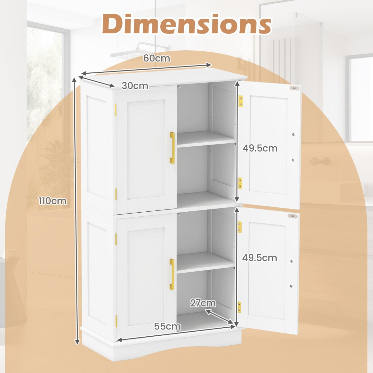 Freestanding Bathroom Floor Storage Cabinet Pantry Cabinet-White
