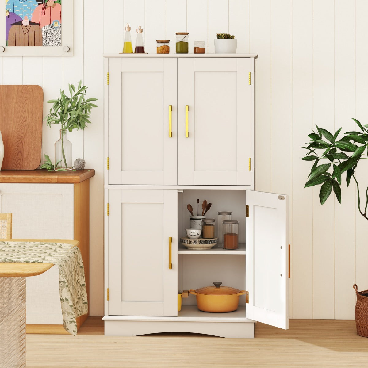 Freestanding Bathroom Floor Storage Cabinet Pantry Cabinet-White