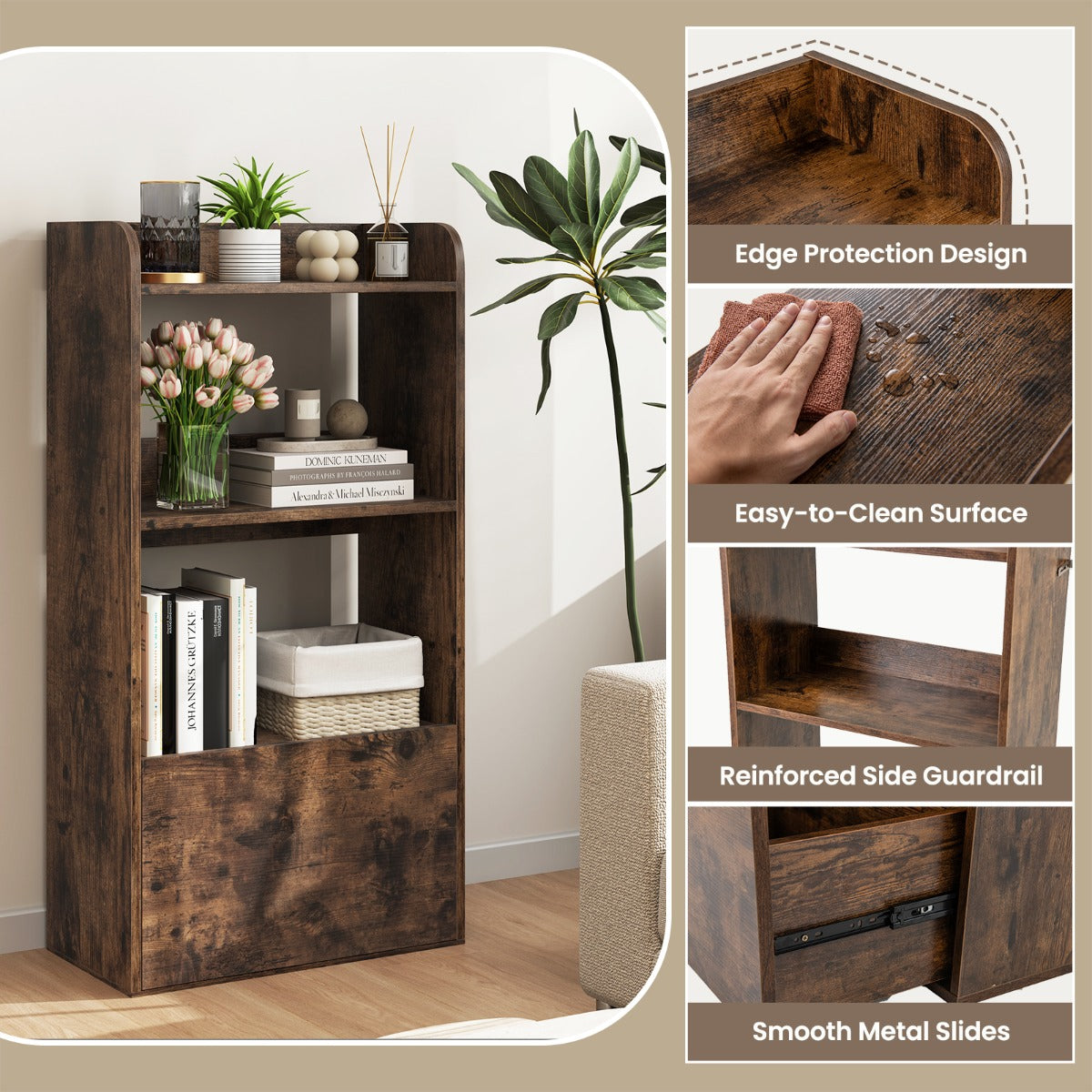 Freestanding Bookcase with Drawer 3-Tier Open Display Shelf-Rustic Brown