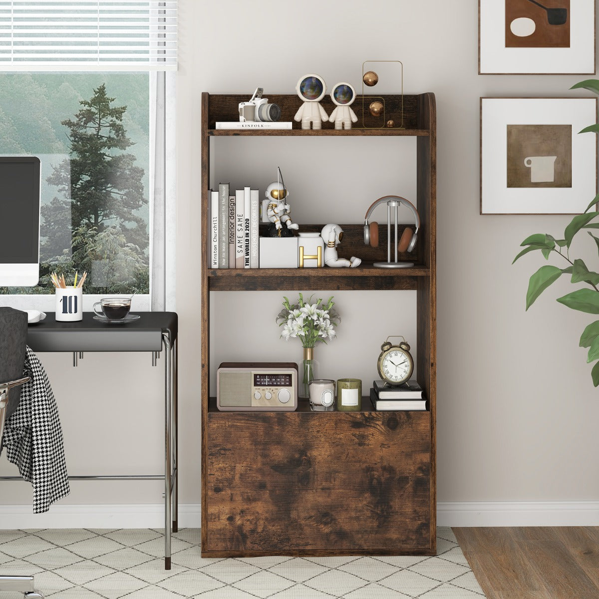 Freestanding Bookcase with Drawer 3-Tier Open Display Shelf-Rustic Brown