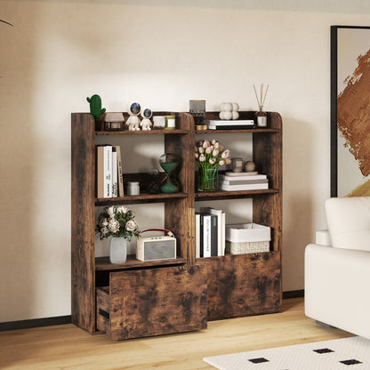 Freestanding Bookcase with Drawer 3-Tier Open Display Shelf-Rustic Brown