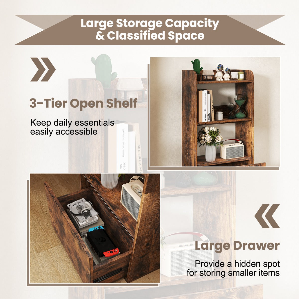 Freestanding Bookcase with Drawer 3-Tier Open Display Shelf-Rustic Brown
