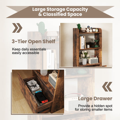 Freestanding Bookcase with Drawer 3-Tier Open Display Shelf-Rustic Brown