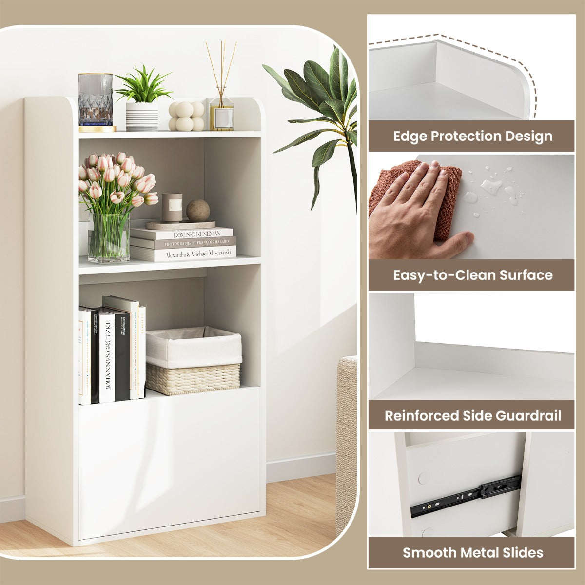 Freestanding Bookcase with Drawer 3-Tier Open Display Shelf-White