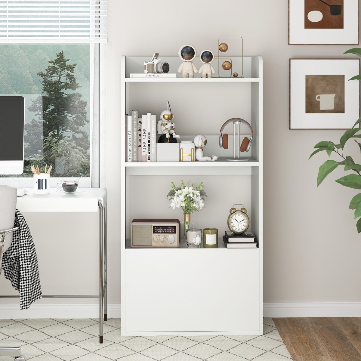 Freestanding Bookcase with Drawer 3-Tier Open Display Shelf-White