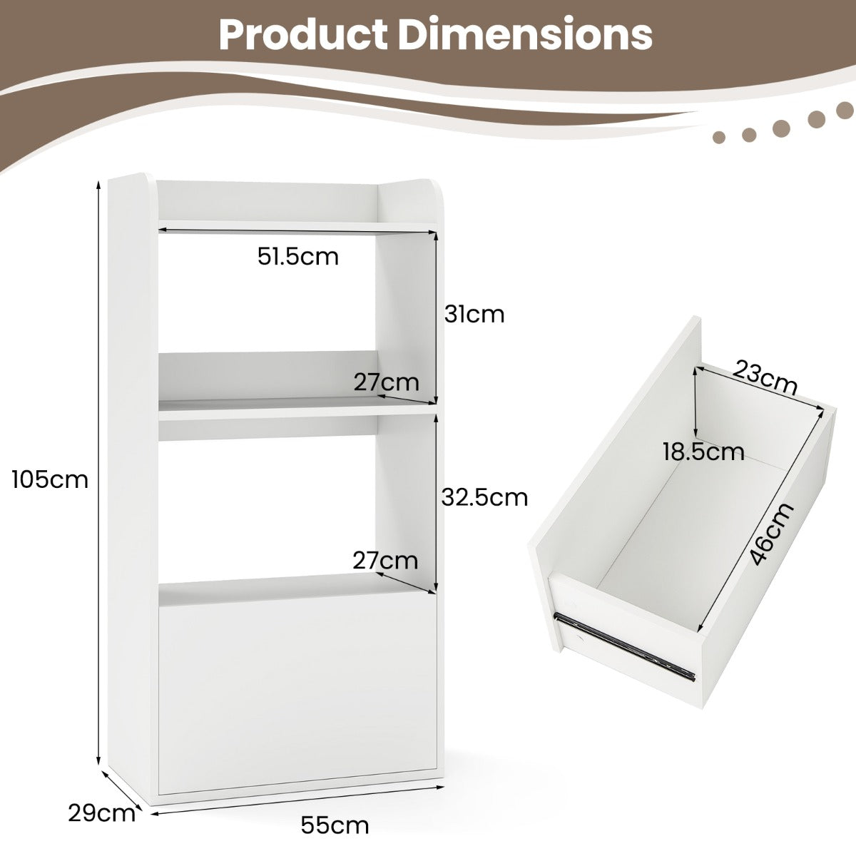 Freestanding Bookcase with Drawer 3-Tier Open Display Shelf-White