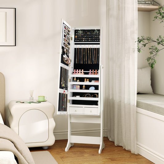 Freestanding Jewelry Cabinet with Full-Length Mirror and LED Lights-White