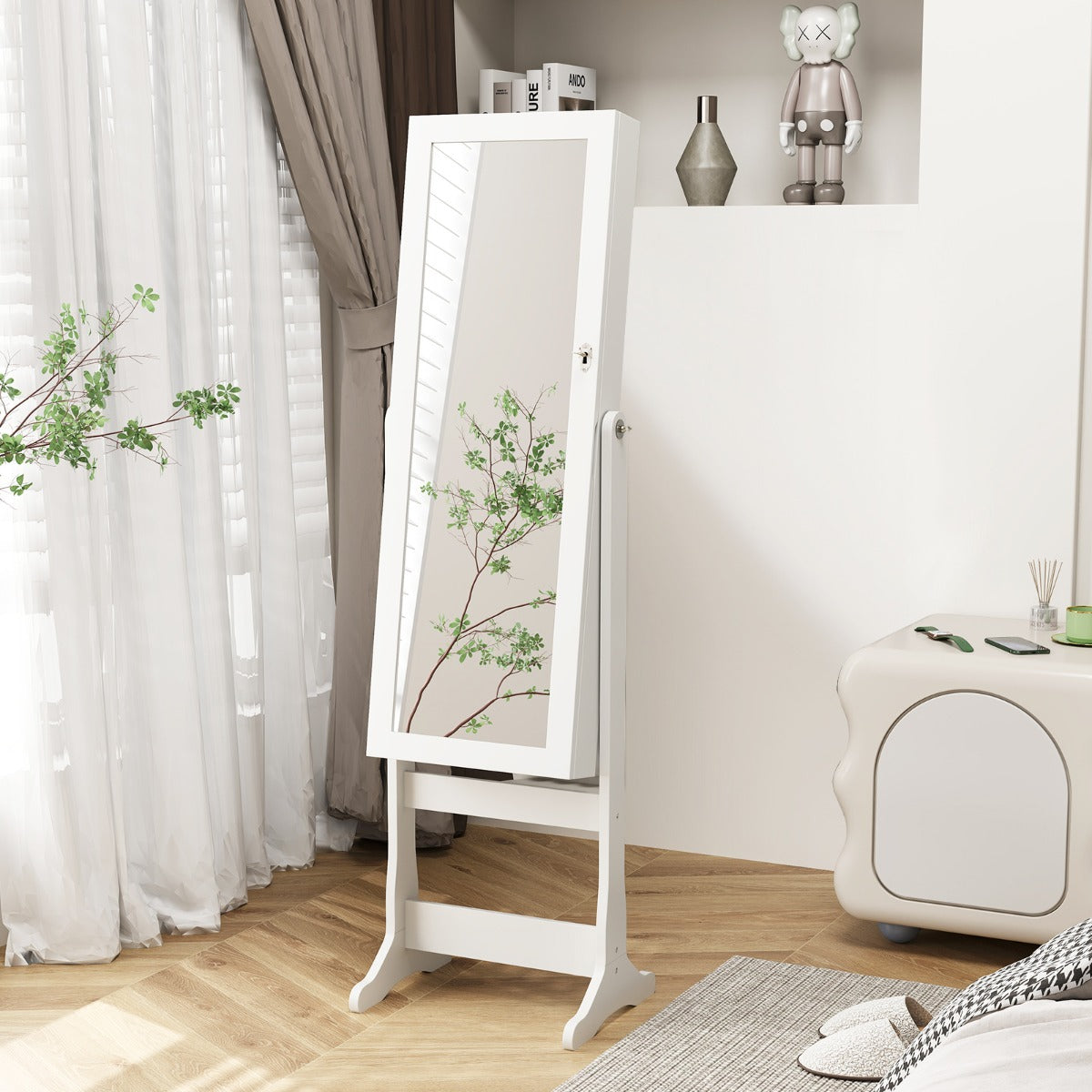 Freestanding Jewelry Cabinet with Full-Length Mirror and LED Lights-White