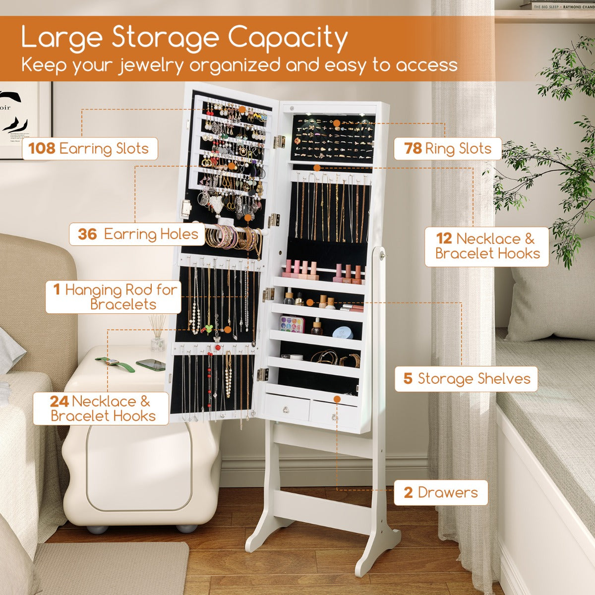 Freestanding Jewelry Cabinet with Full-Length Mirror and LED Lights-White