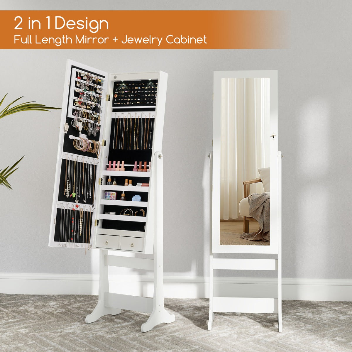 Freestanding Jewelry Cabinet with Full-Length Mirror and LED Lights-White