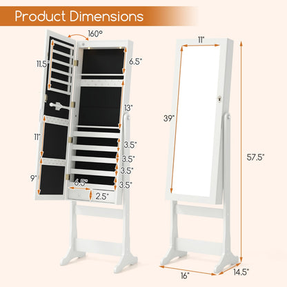 Freestanding Jewelry Cabinet with Full-Length Mirror and LED Lights-White