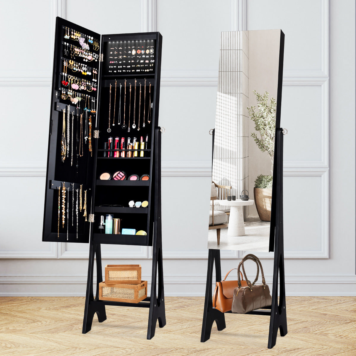 Costway Freestanding Jewelry Cabinet with Full Length Frameless Mirror and Built in LED Lights-Black