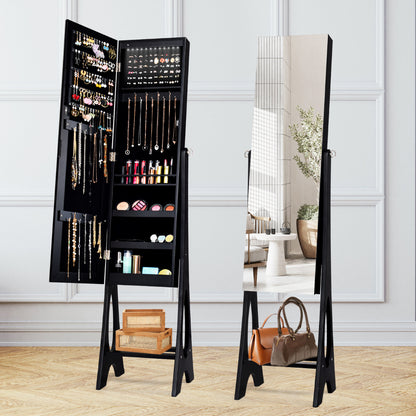 Costway Freestanding Jewelry Cabinet with Full Length Frameless Mirror and Built in LED Lights-Black