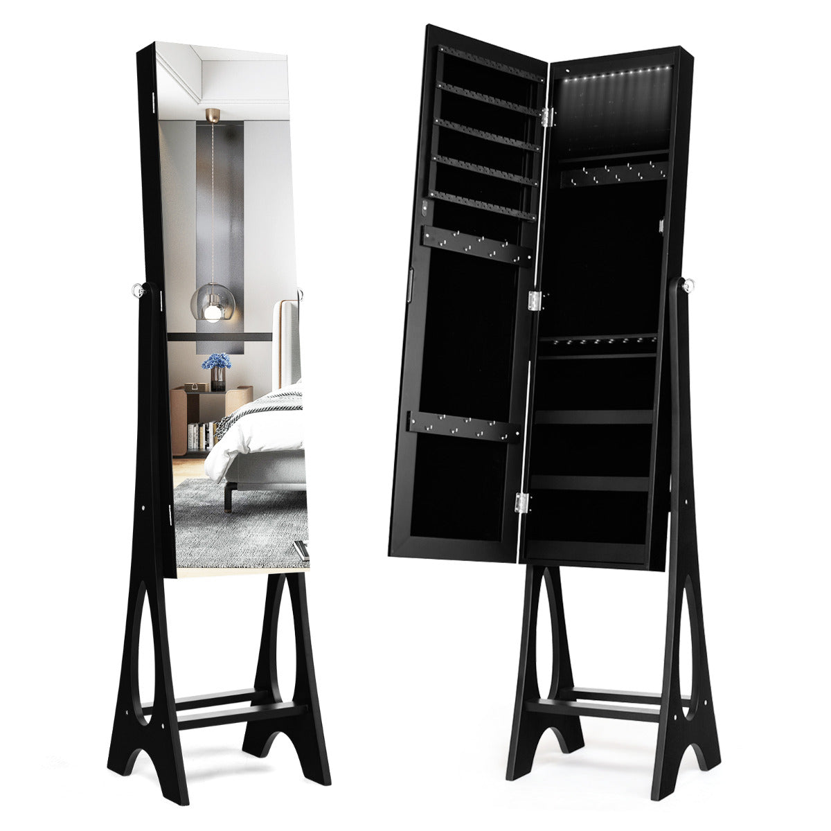 Costway Freestanding Jewelry Cabinet with Full Length Frameless Mirror and Built in LED Lights-Black