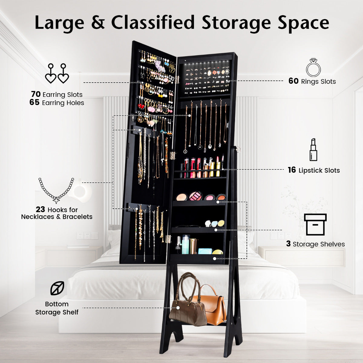 Costway Freestanding Jewelry Cabinet with Full Length Frameless Mirror and Built in LED Lights-Black